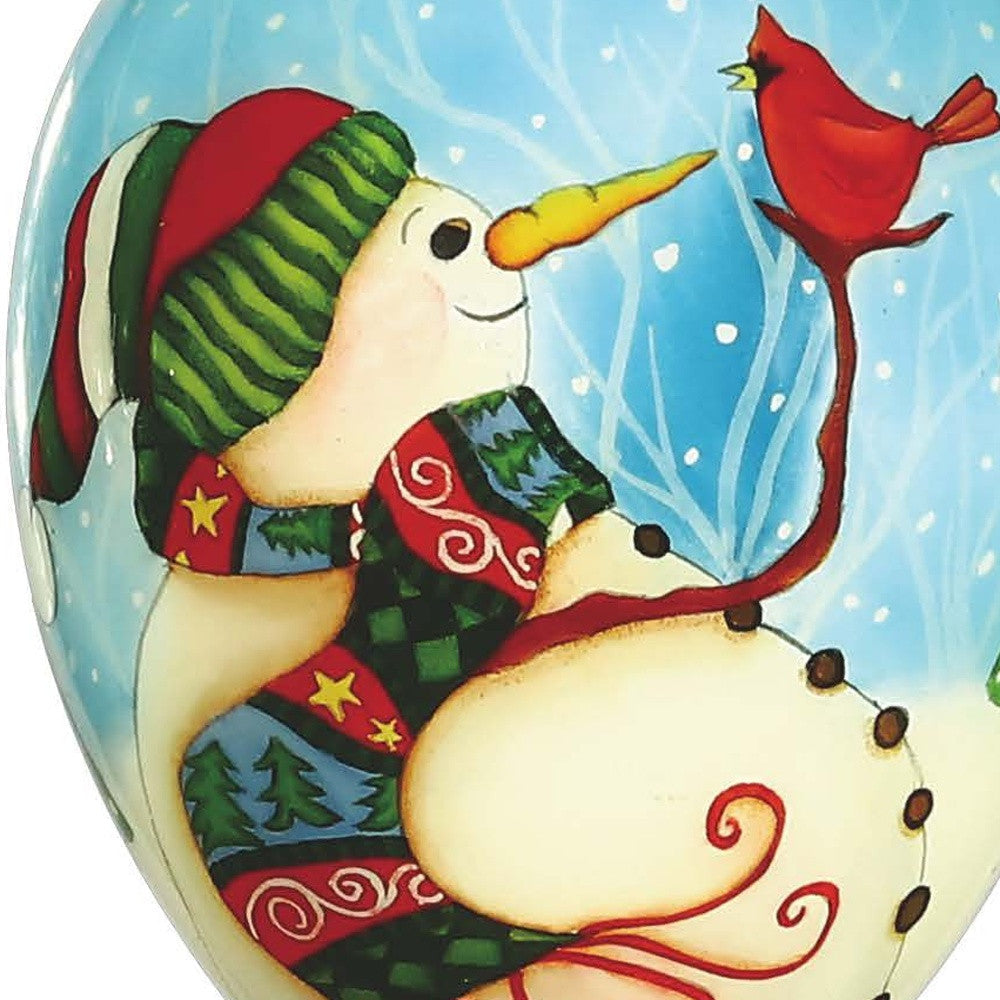 HomeRoots Snowman and Red Cardinal Hand Painted Mouth Blown Glass Ornament