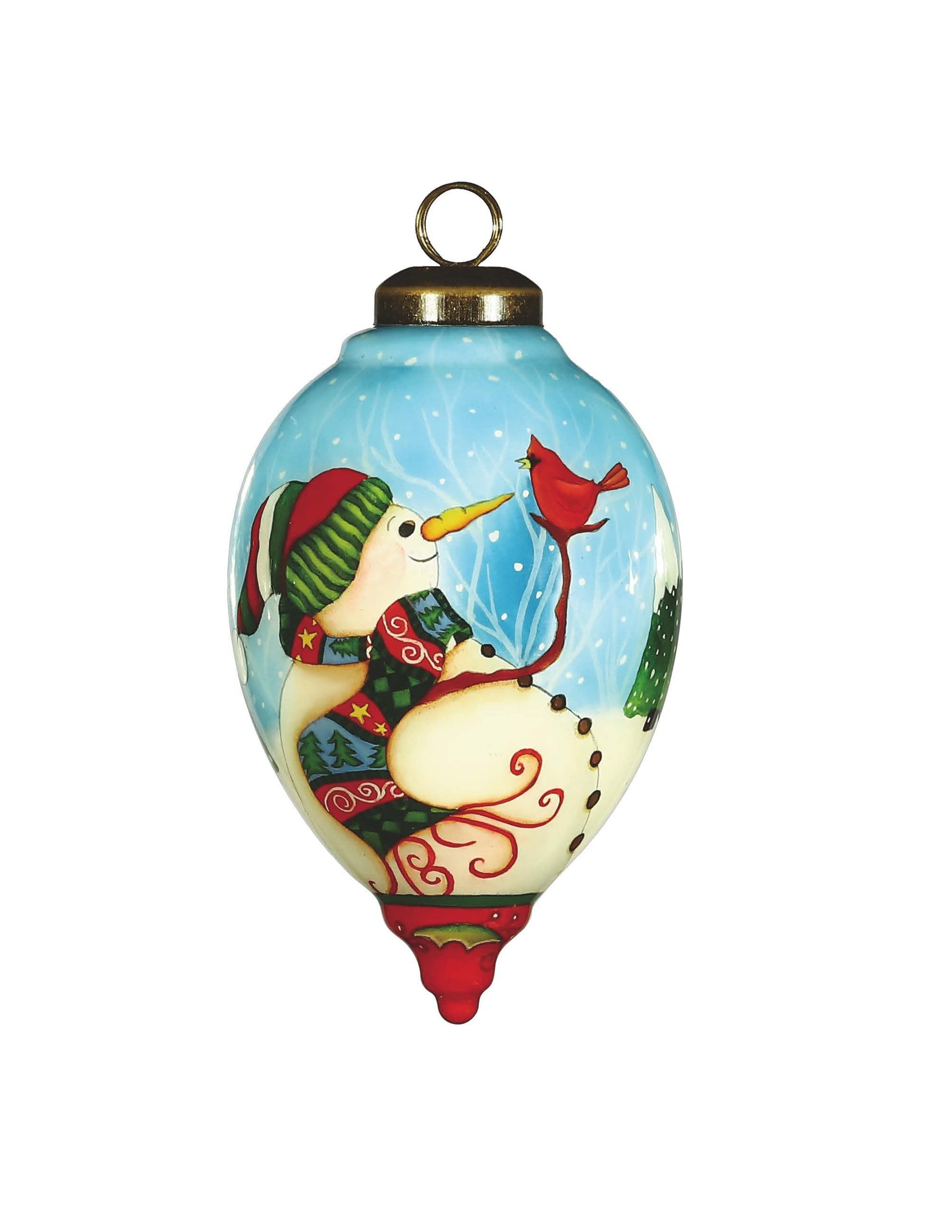 HomeRoots Snowman and Red Cardinal Hand Painted Mouth Blown Glass Ornament