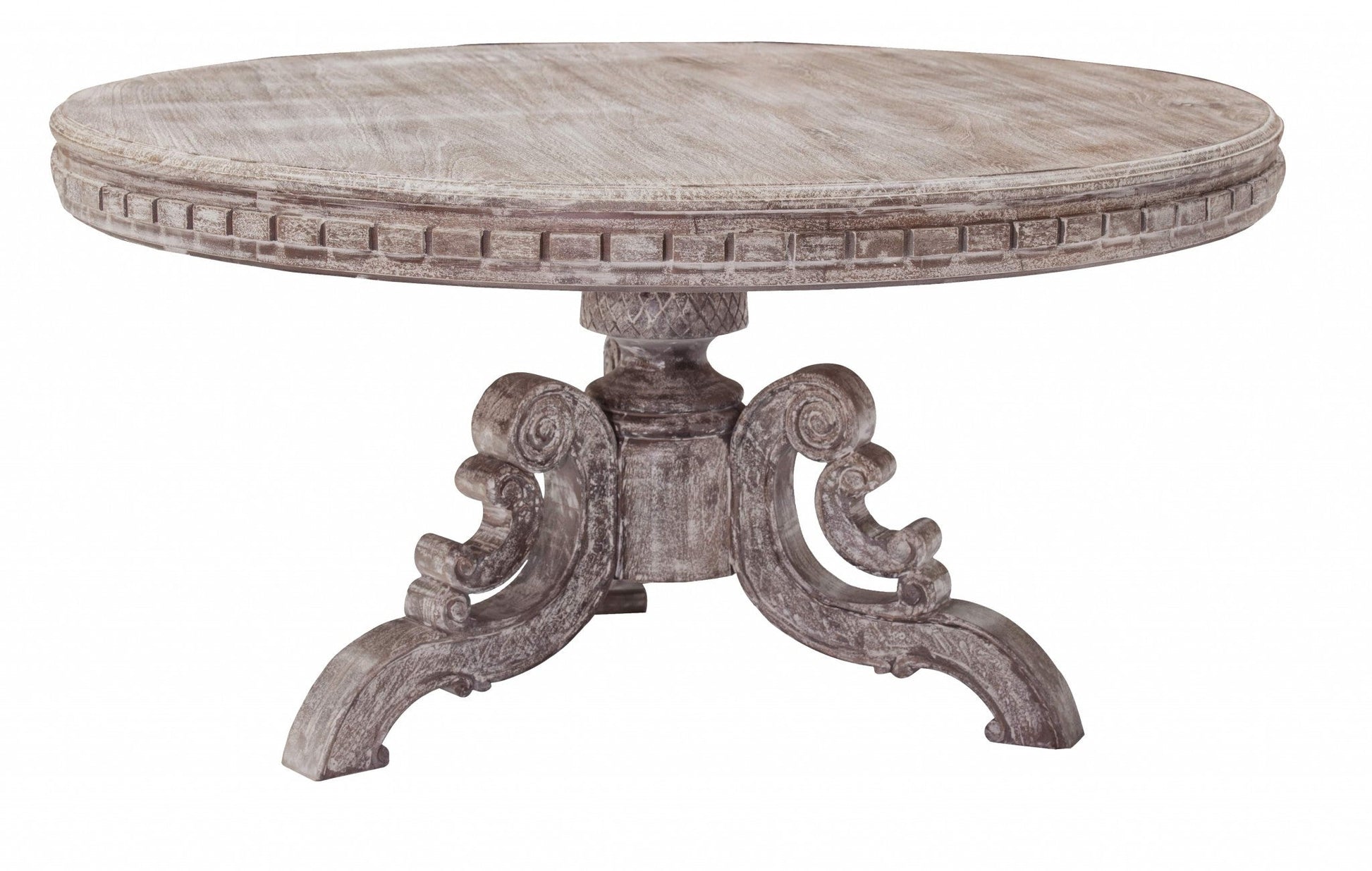 HomeRoots Solid Wood Round Dining Table With Whitewash Gray Finish