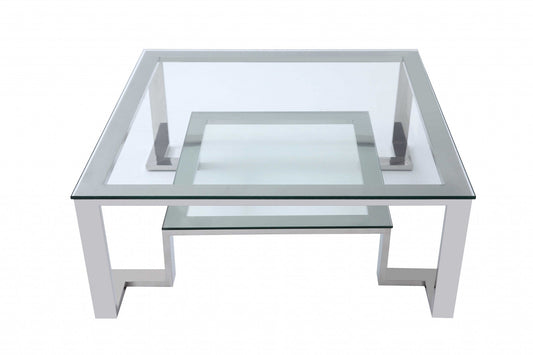 HomeRoots Square Clear Glass Coffee Table With Stainless Steel Base