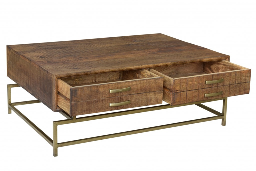 HomeRoots Storage Coffee Table in Brown and Gold Finish