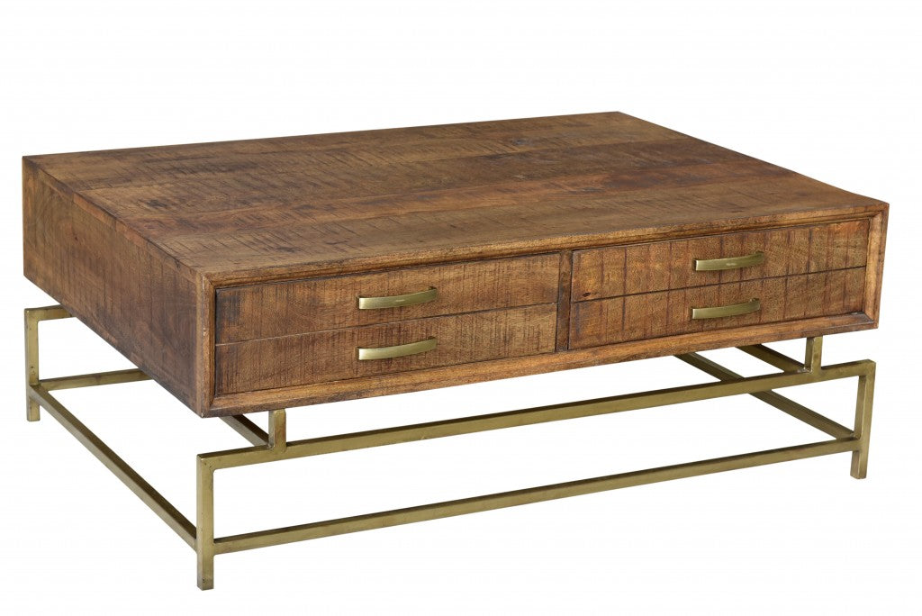 HomeRoots Storage Coffee Table in Brown and Gold Finish