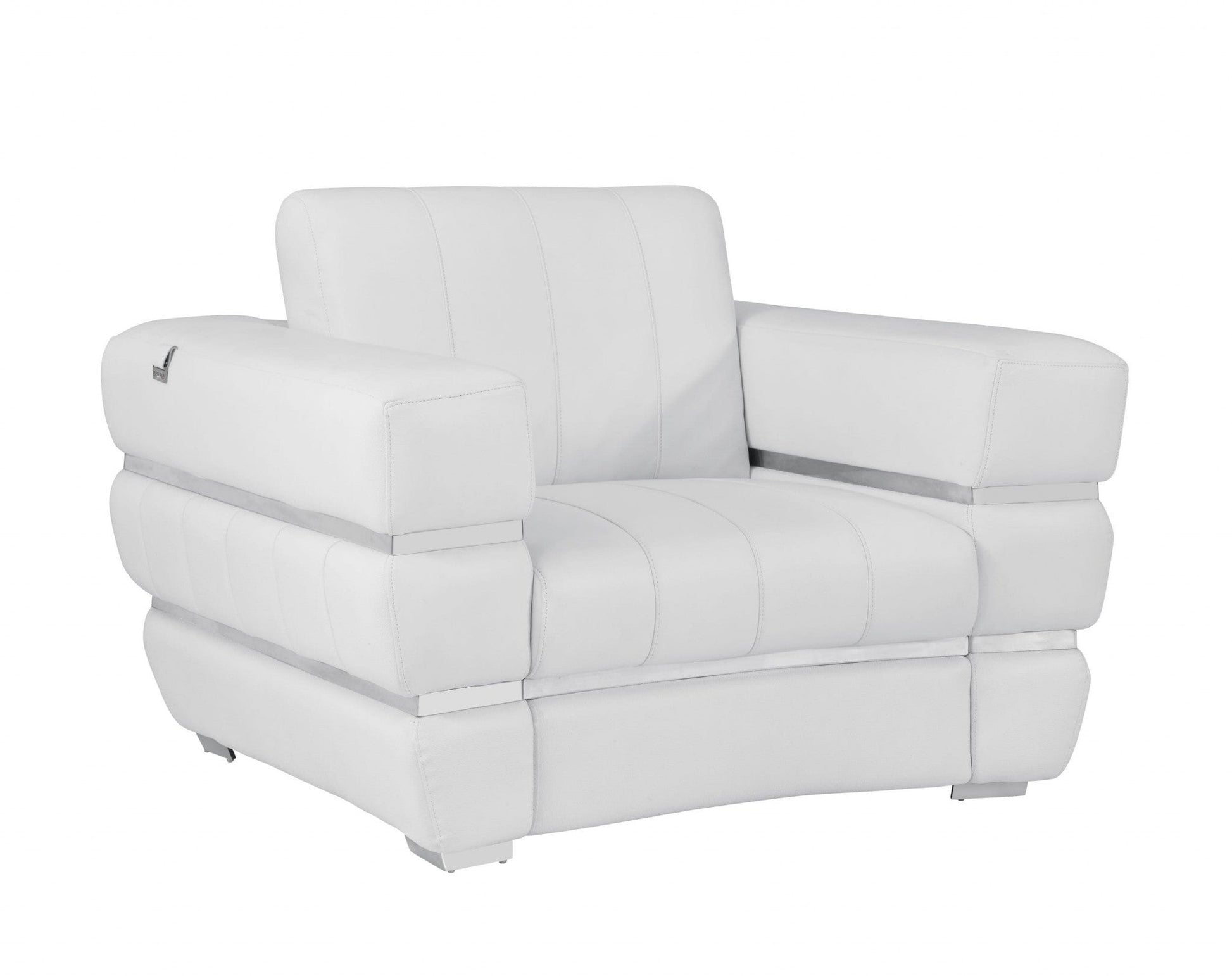 HomeRoots Stripe Top Grade Italian Leather Chair in Winter White Finish