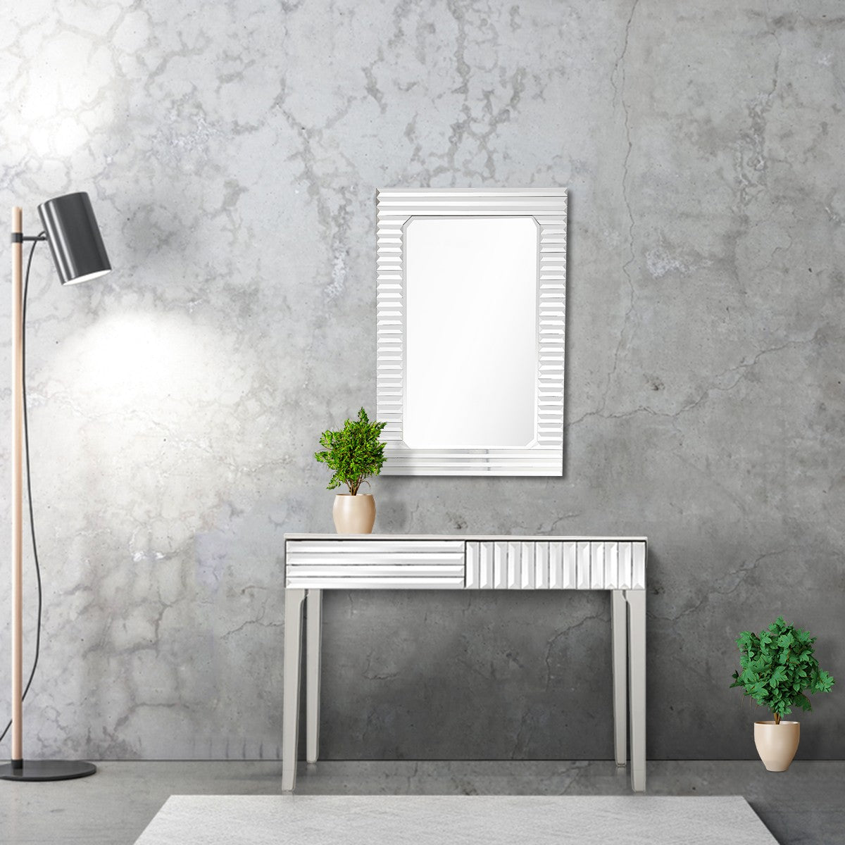 HomeRoots Striped Mirror and Console Table in Silver Finish