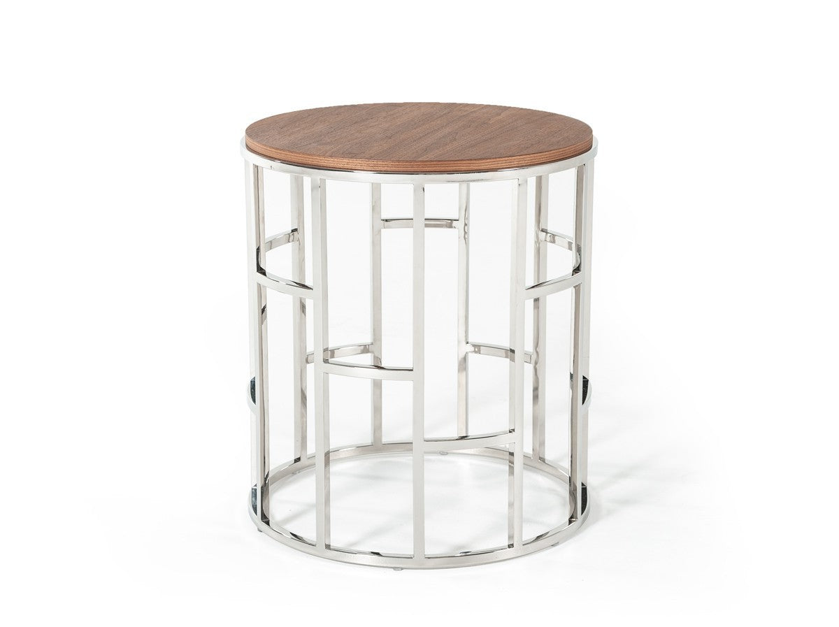 HomeRoots Stylish Round Geometric End or Side Table With Silver And Walnut Finish