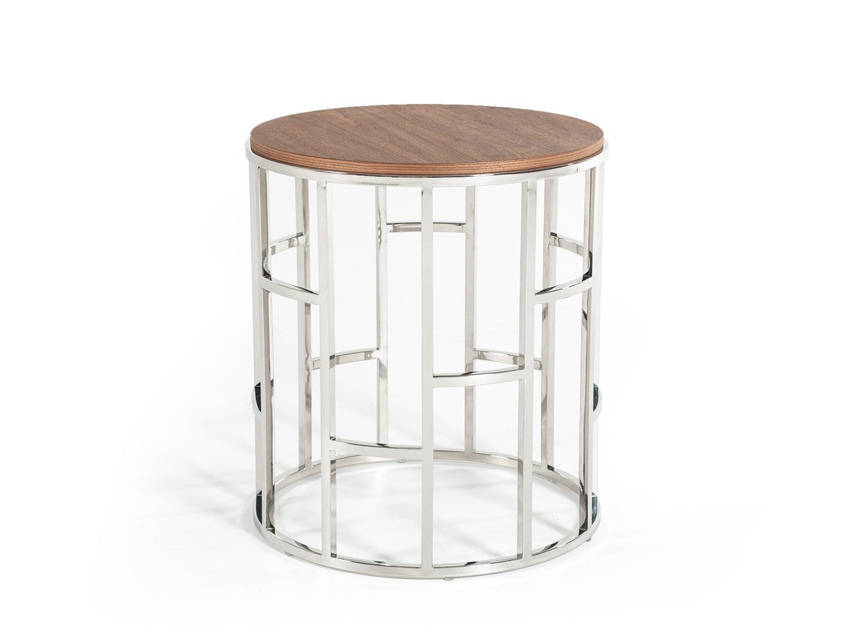 HomeRoots Stylish Round Geometric End or Side Table With Silver And Walnut Finish
