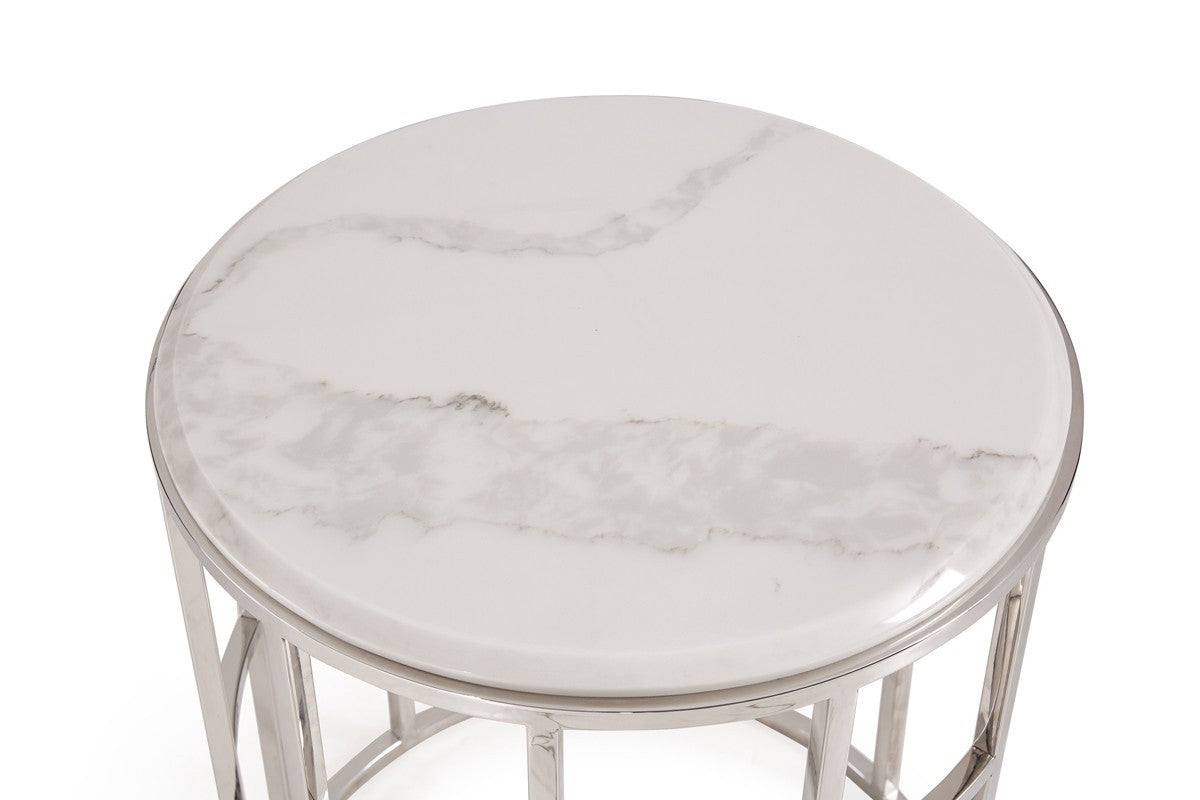 HomeRoots Stylish Round Geometric End or Side Table With Silver And White Marble Finish