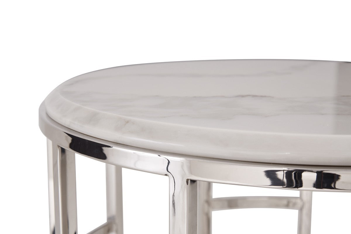 HomeRoots Stylish Round Geometric End or Side Table With Silver And White Marble Finish