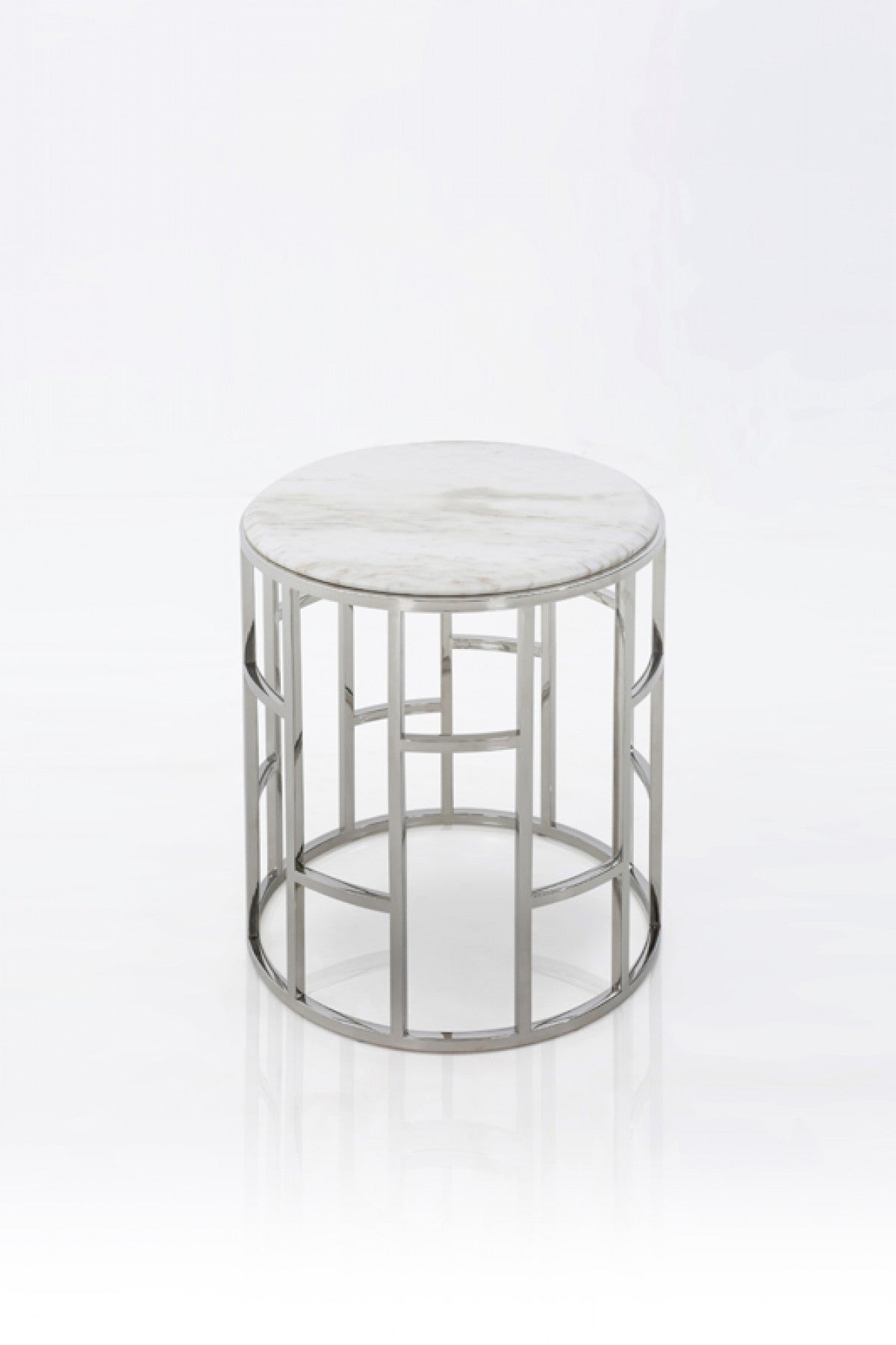 HomeRoots Stylish Round Geometric End or Side Table With Silver And White Marble Finish