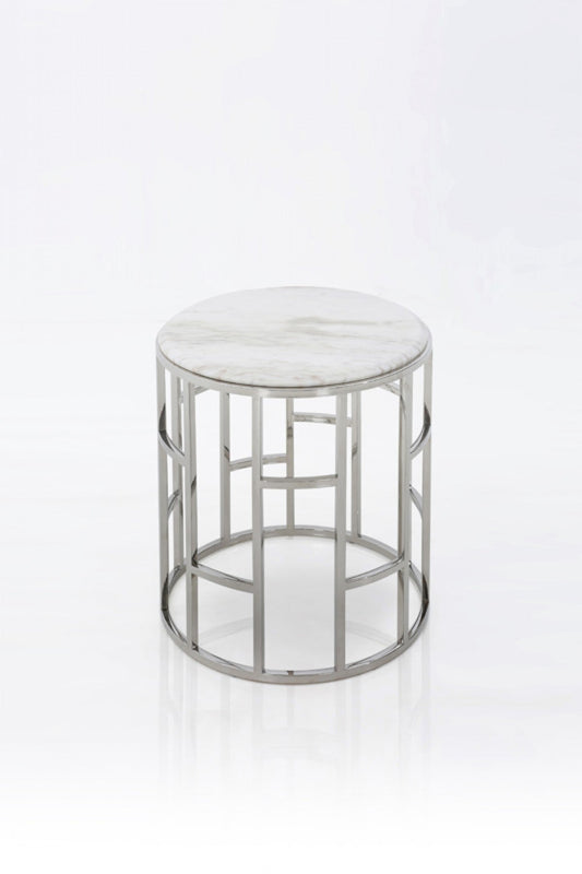 HomeRoots Stylish Round Geometric End or Side Table With Silver And White Marble Finish