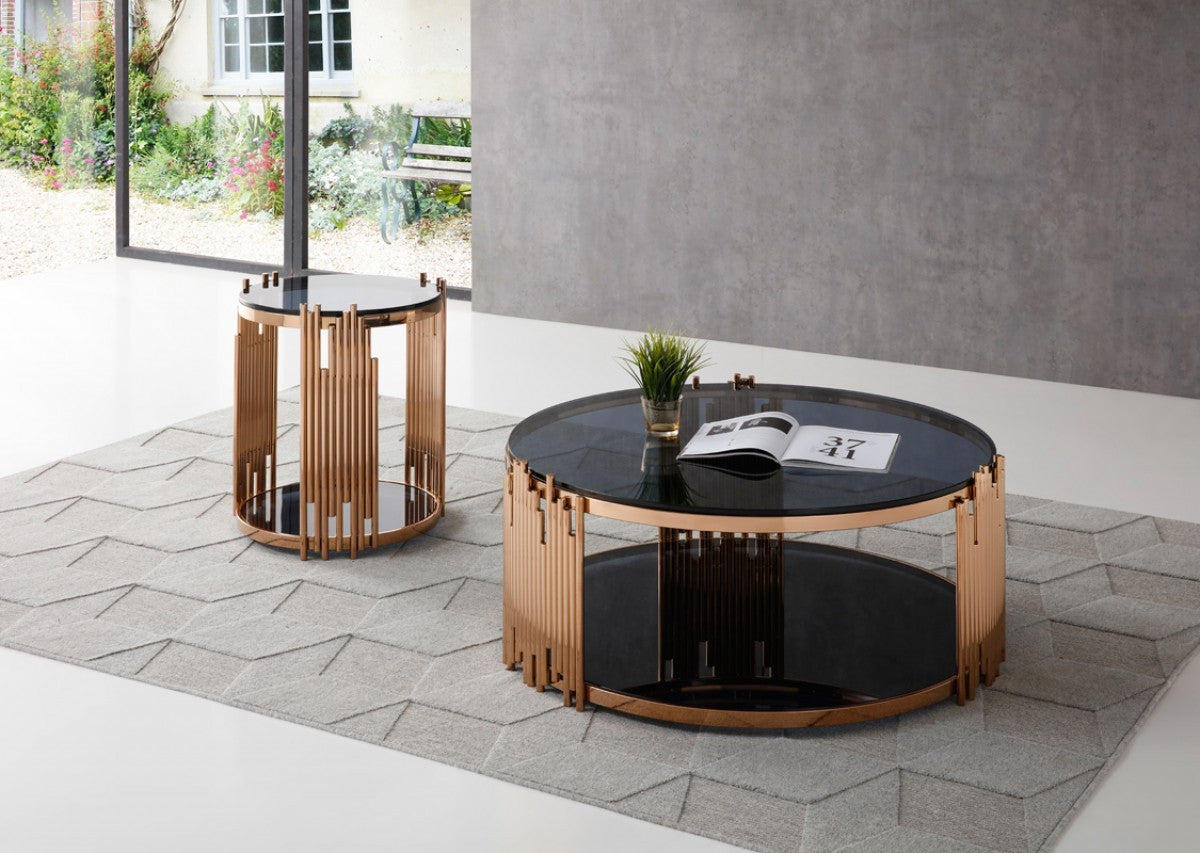 HomeRoots Stylish Round Smoked Glass End Table With Rose Gold Base