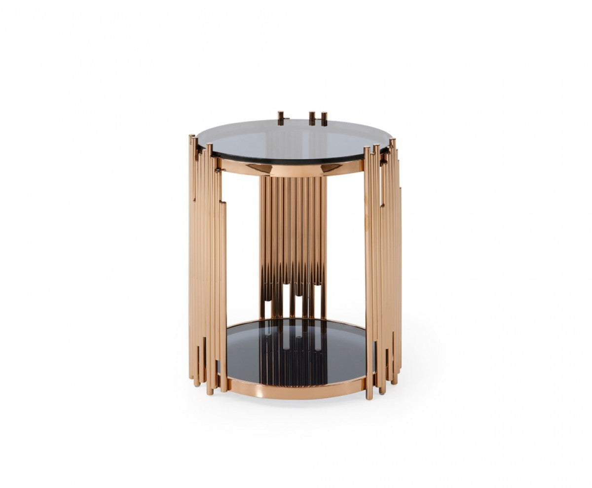 HomeRoots Stylish Round Smoked Glass End Table With Rose Gold Base