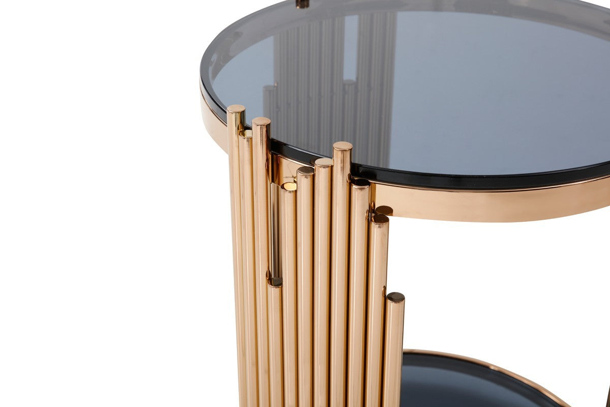 HomeRoots Stylish Round Smoked Glass End Table With Rose Gold Base
