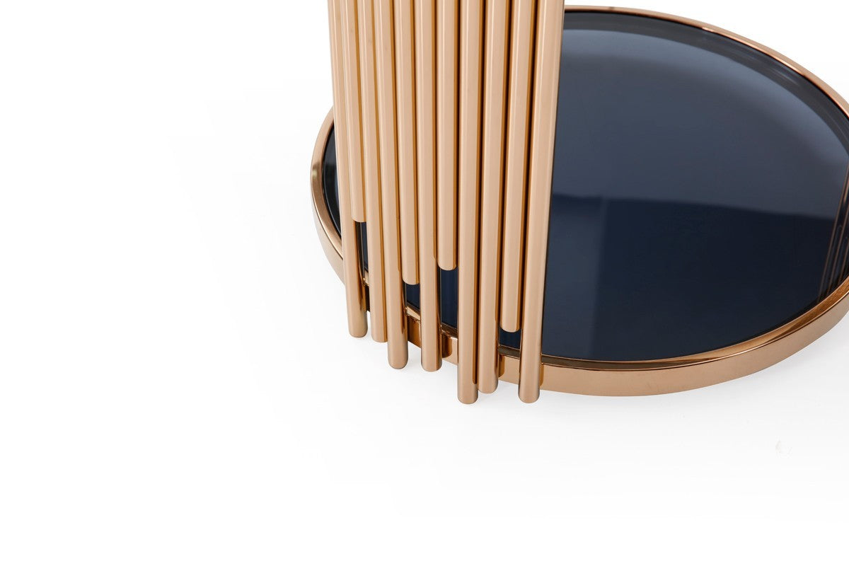 HomeRoots Stylish Round Smoked Glass End Table With Rose Gold Base