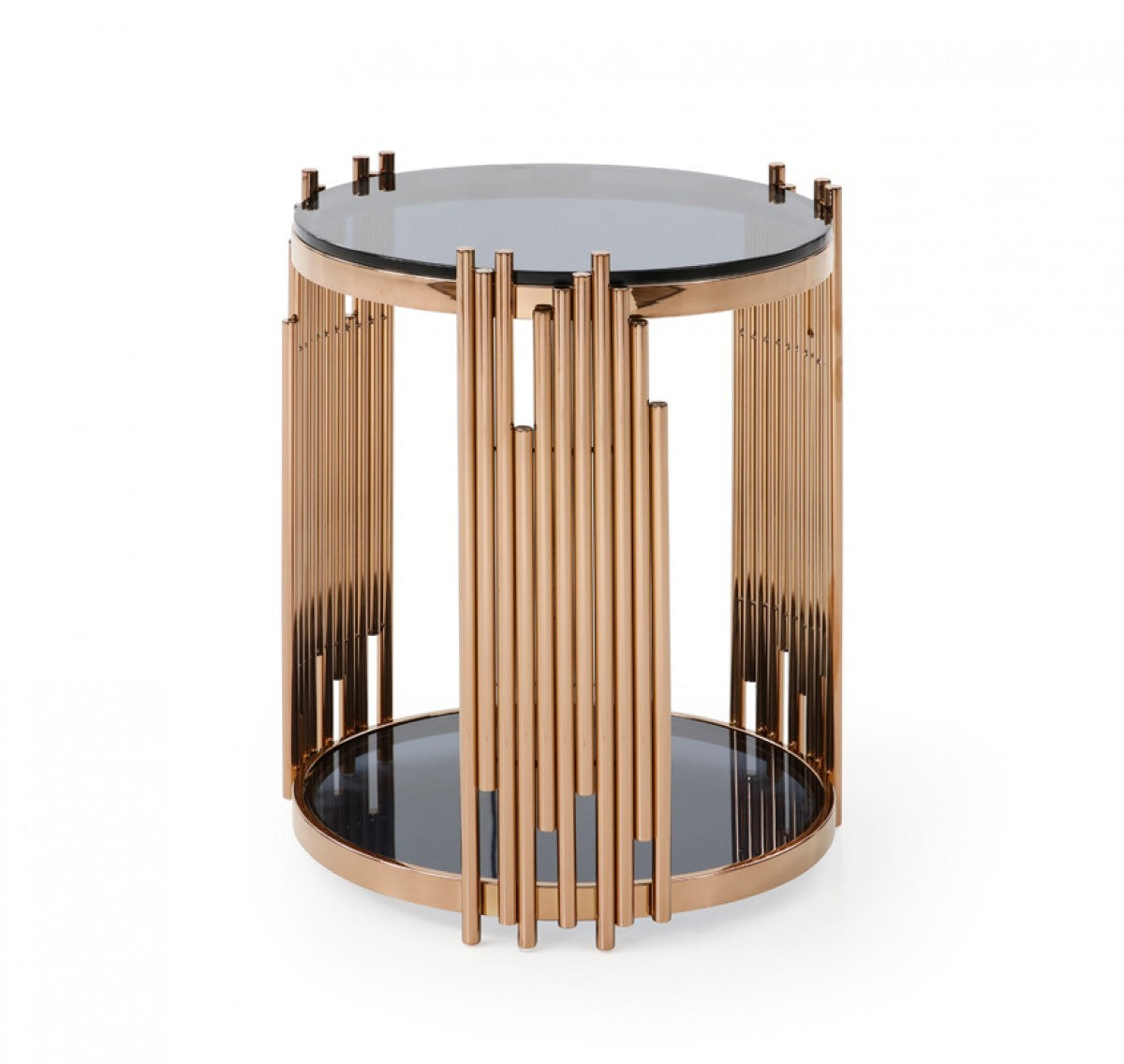 HomeRoots Stylish Round Smoked Glass End Table With Rose Gold Base