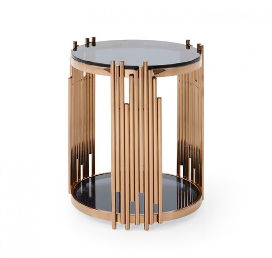 HomeRoots Stylish Round Smoked Glass End Table With Rose Gold Base