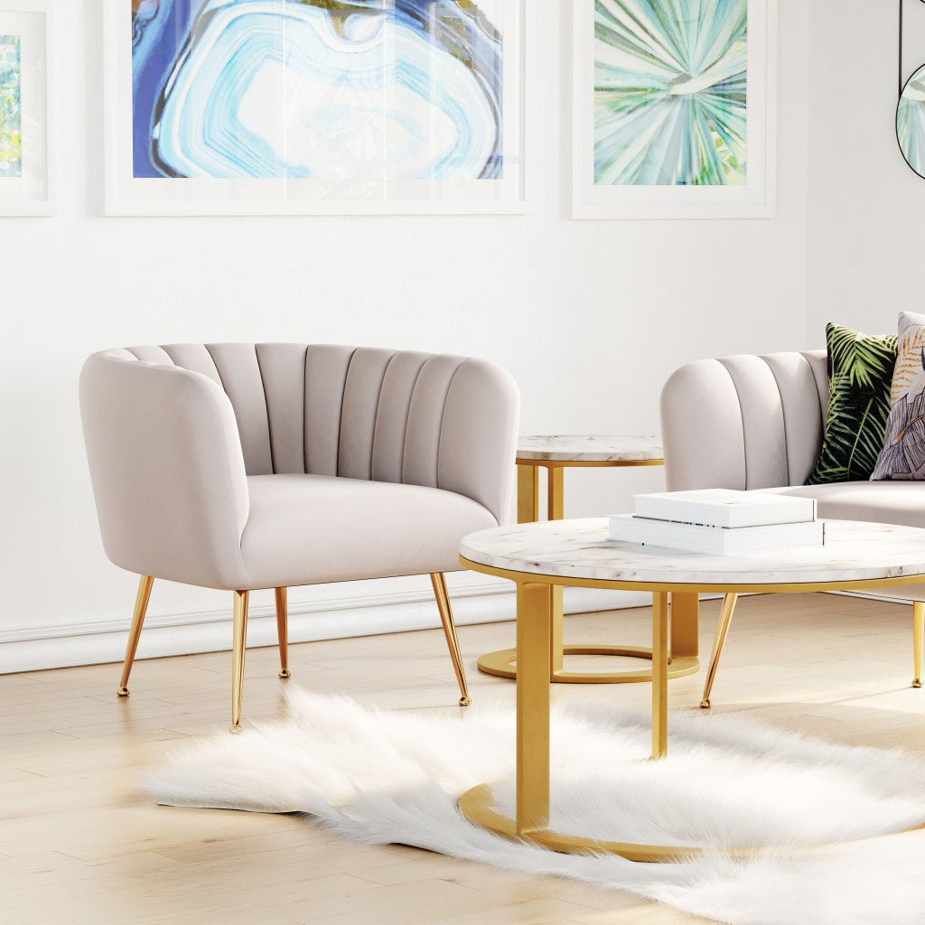 HomeRoots Super Soft Vertical Channel Accent Club Chair in Ivory and Gold Finish
