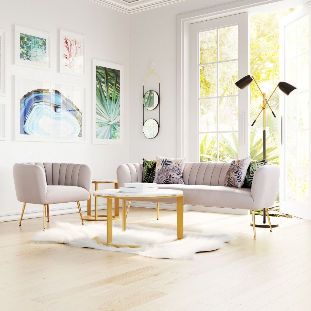 HomeRoots Super Soft Vertical Channel Accent Club Chair in Ivory and Gold Finish