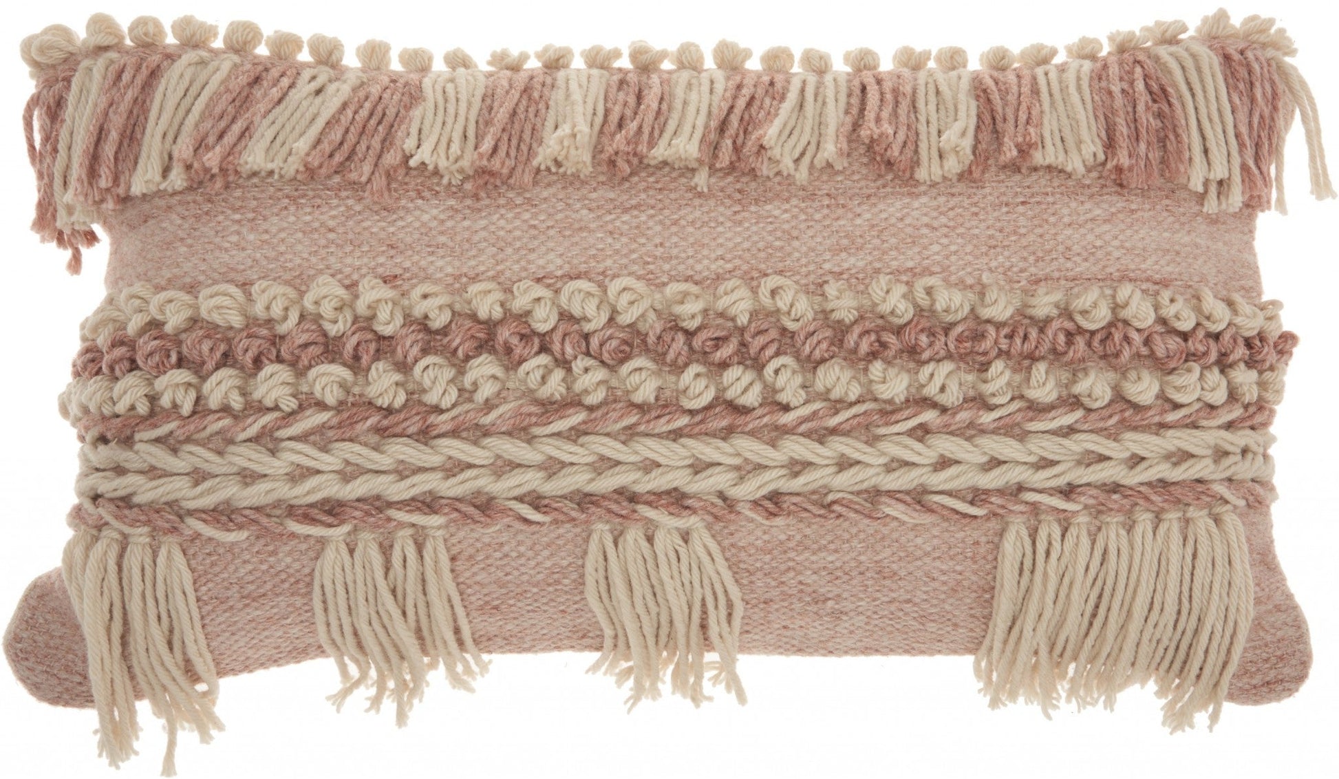 HomeRoots Tea Pink and White Macrame Lumbar Pillow
