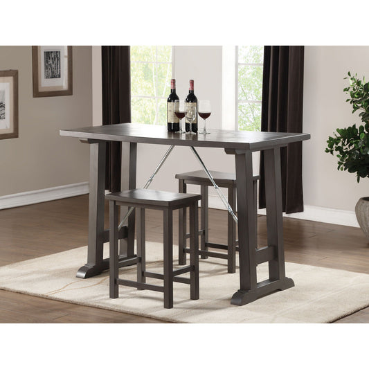HomeRoots Three Pieces Wooden Counter Height Set In Gray Oak and Chrome Finish