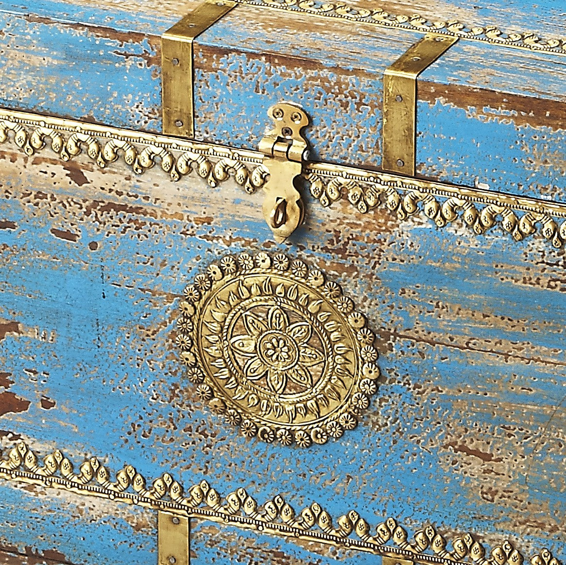 HomeRoots Traditional Hand Painted Brass Inlay Storage Trunk in Blue Finish