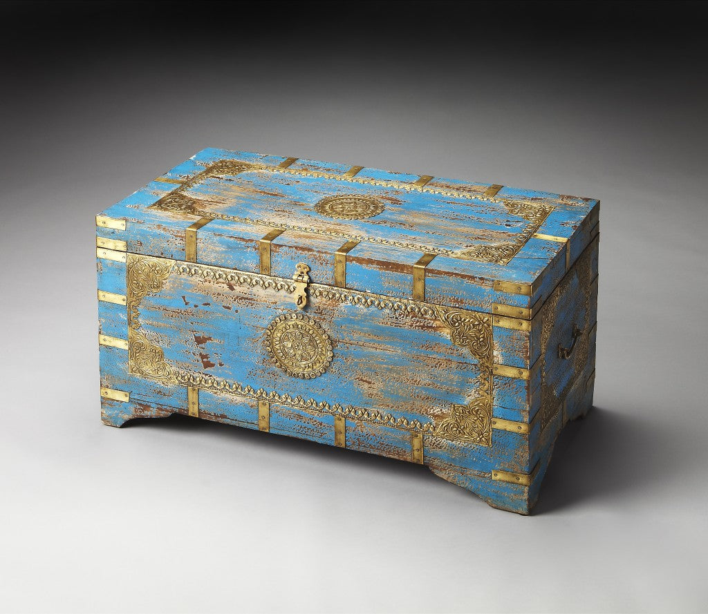 HomeRoots Traditional Hand Painted Brass Inlay Storage Trunk in Blue Finish