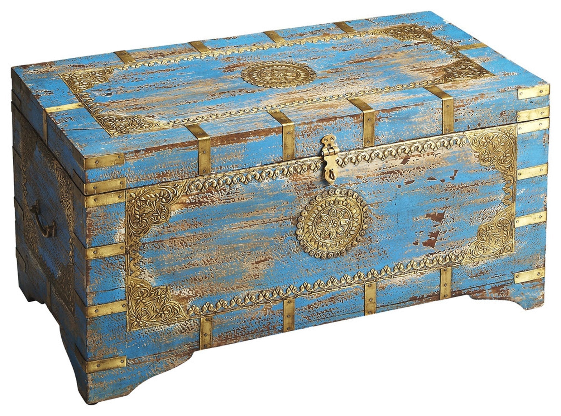 HomeRoots Traditional Hand Painted Brass Inlay Storage Trunk in Blue Finish