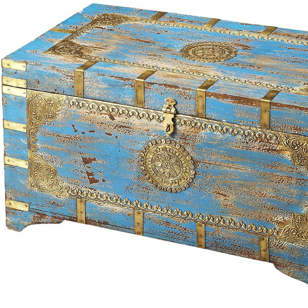 HomeRoots Traditional Hand Painted Brass Inlay Storage Trunk in Blue Finish