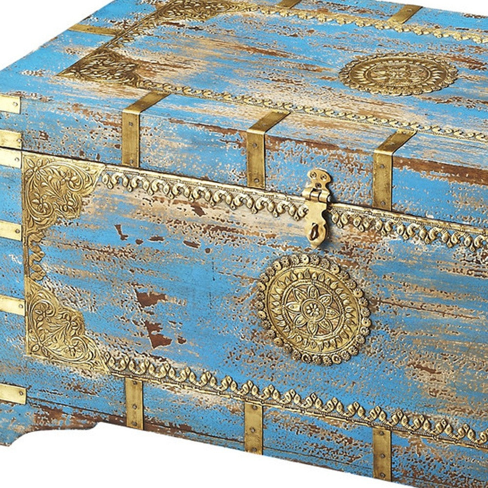HomeRoots Traditional Hand Painted Brass Inlay Storage Trunk in Blue Finish
