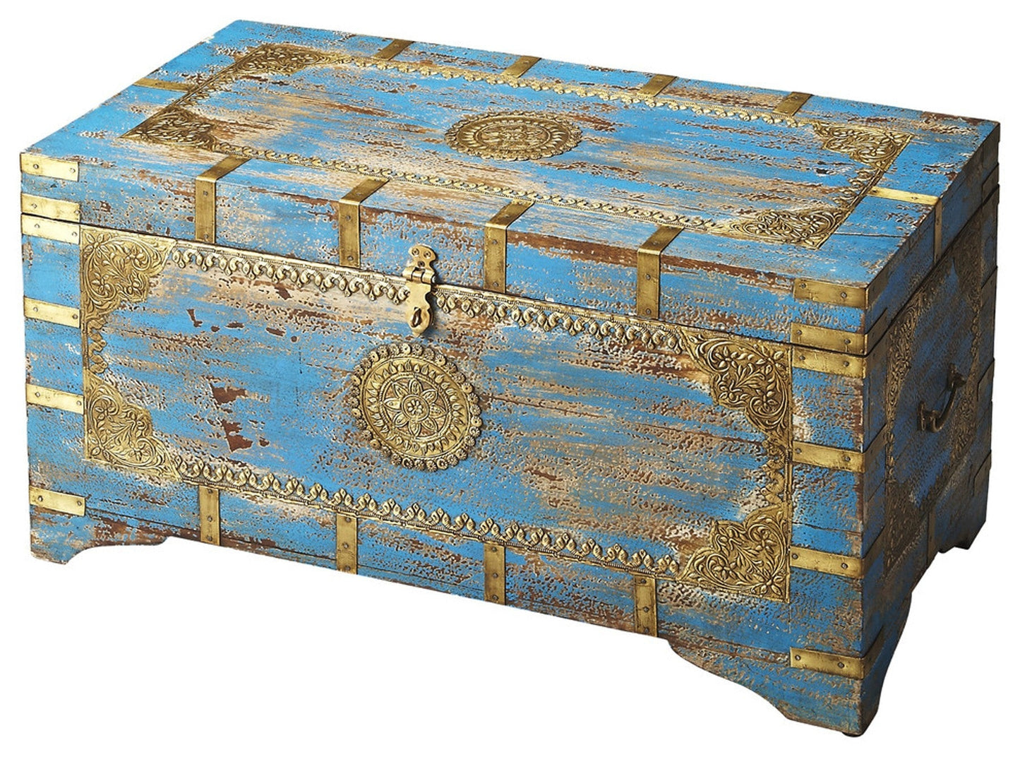 HomeRoots Traditional Hand Painted Brass Inlay Storage Trunk in Blue Finish