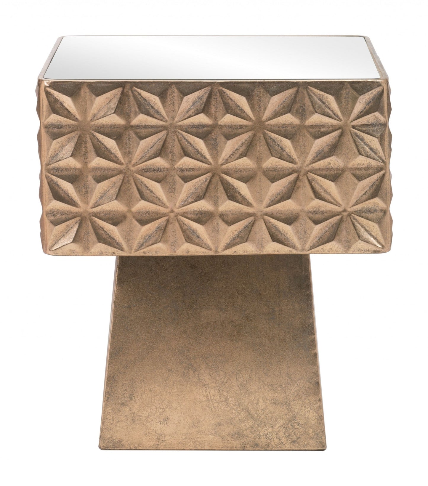 HomeRoots Tribal Mirror Side Table in Gold Finish