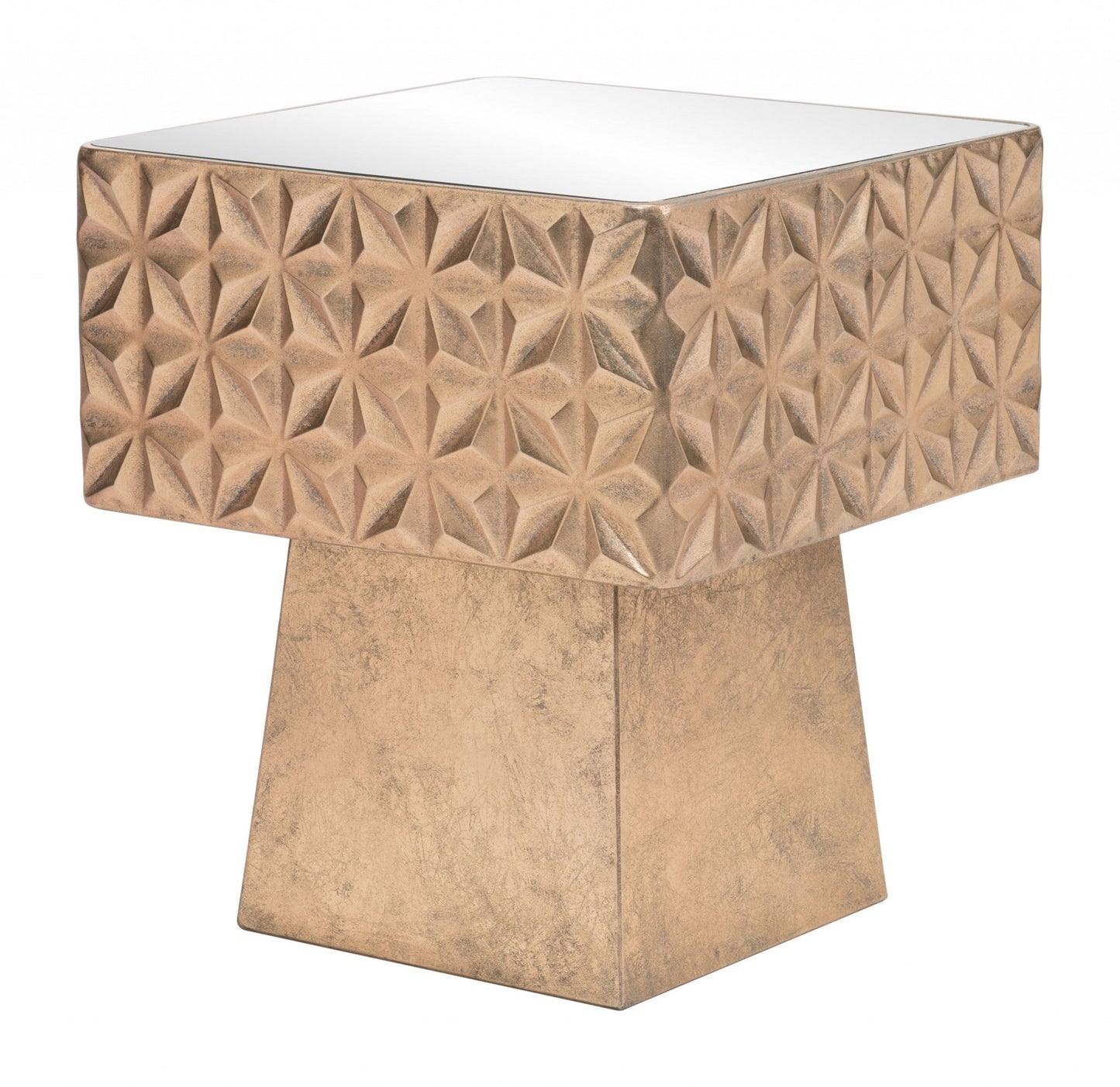 HomeRoots Tribal Mirror Side Table in Gold Finish