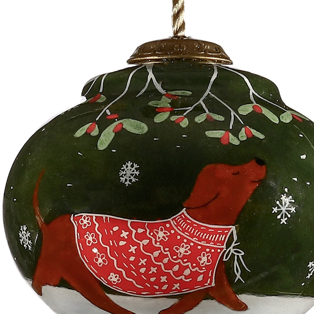 HomeRoots Trotting Dog in Comfy Christmas Attire Hand Painted Mouth Blown Glass Ornament