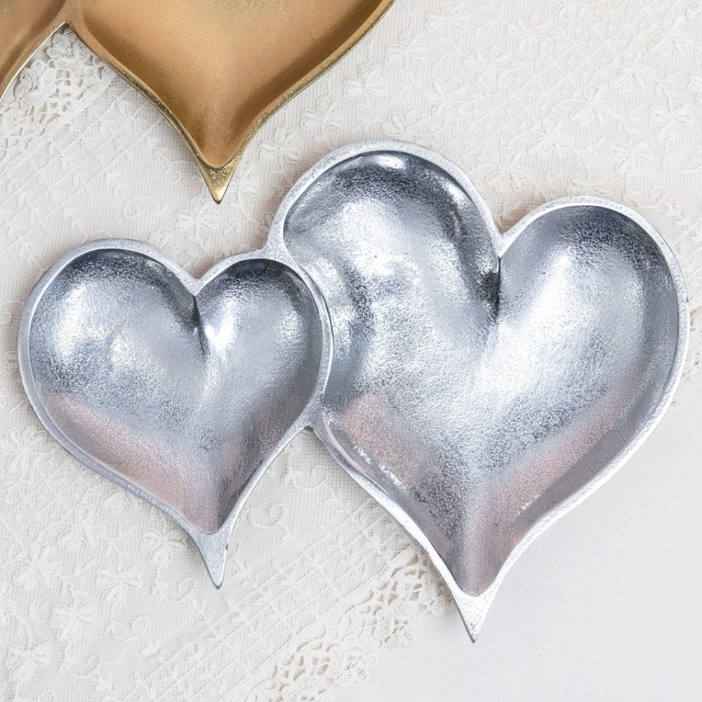 HomeRoots Two Section Silver Heart Shaped Tray With Textured Finish