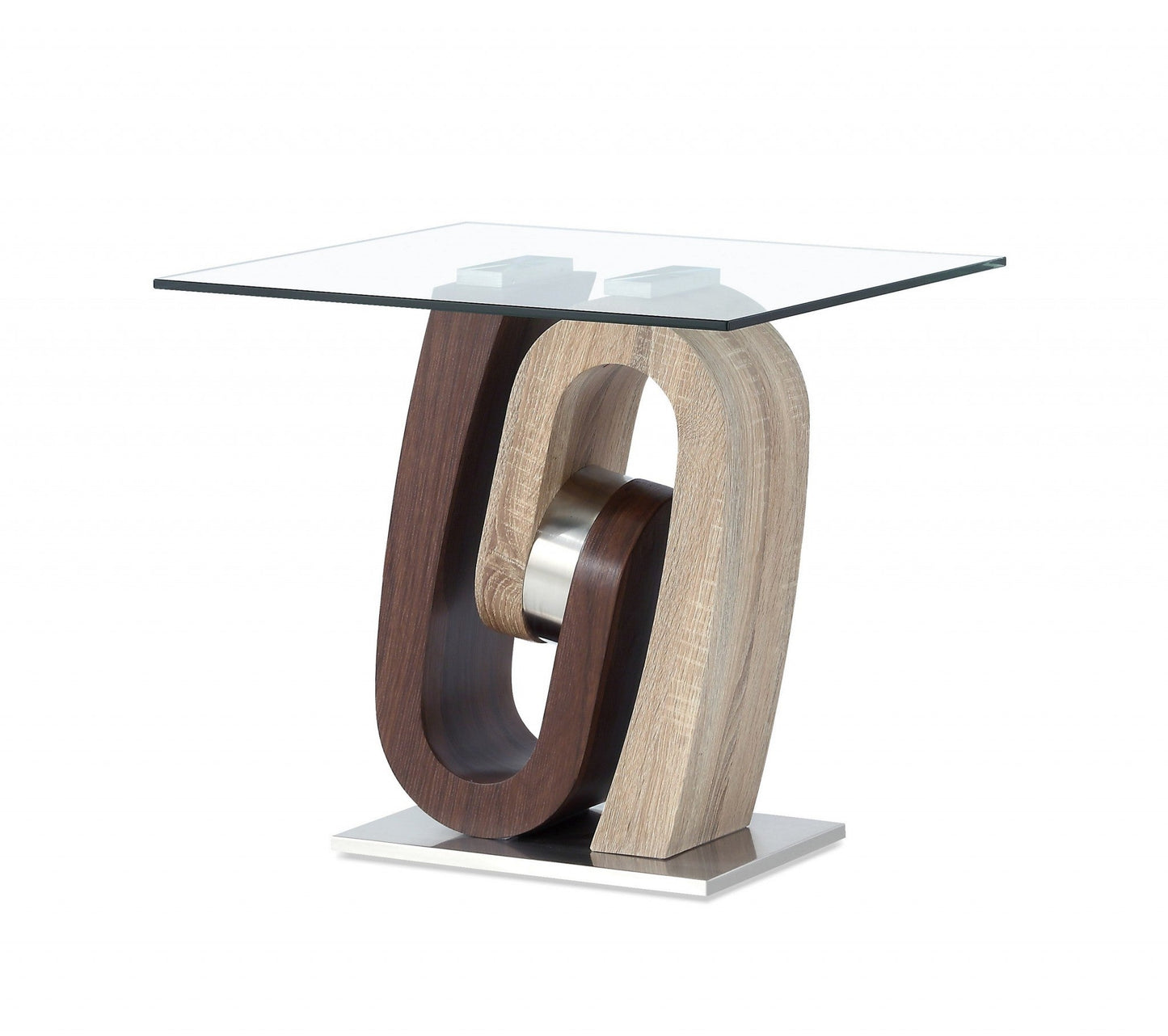 HomeRoots Ultra modern End Table With Glass top in Oak and Walnut Finish