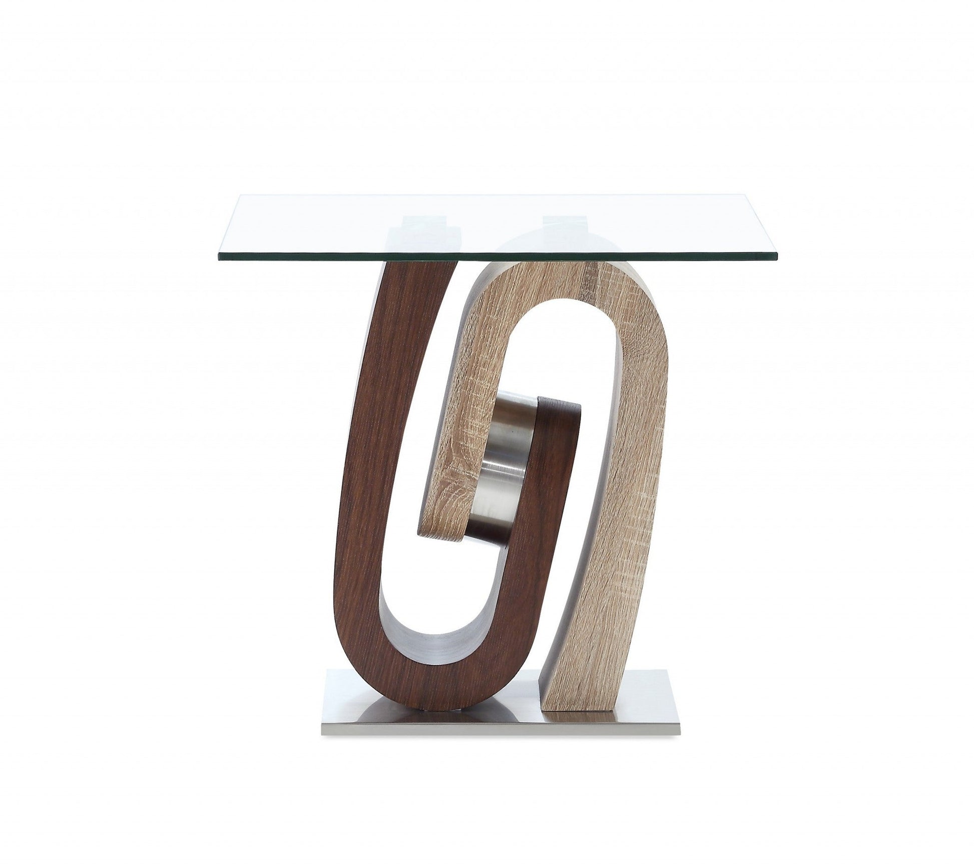 HomeRoots Ultra modern End Table With Glass top in Oak and Walnut Finish