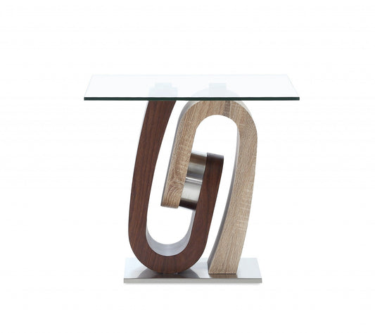 HomeRoots Ultra modern End Table With Glass top in Oak and Walnut Finish