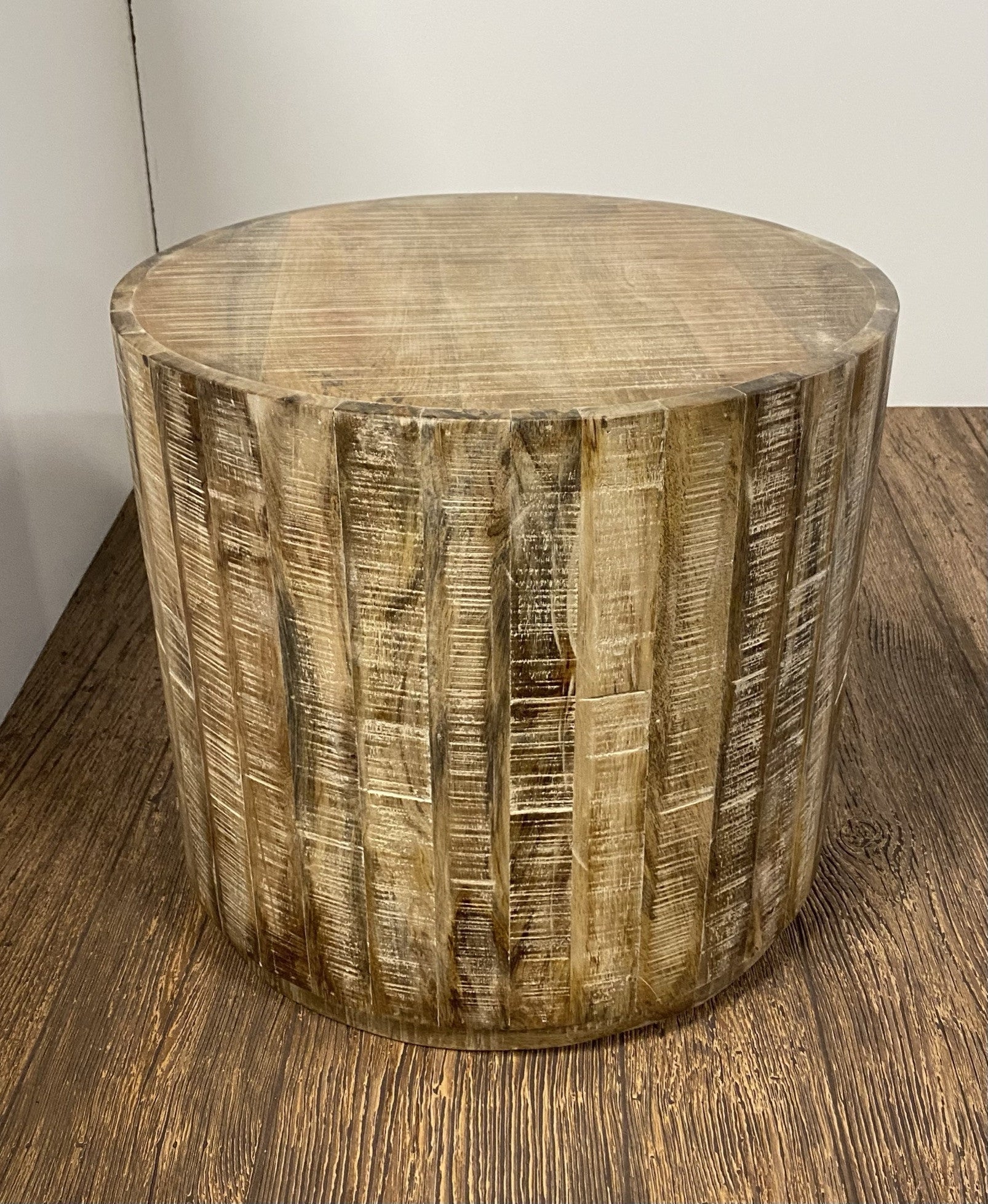 HomeRoots Updated Rustic Round Stump End Table With Antiqued Beige Finish