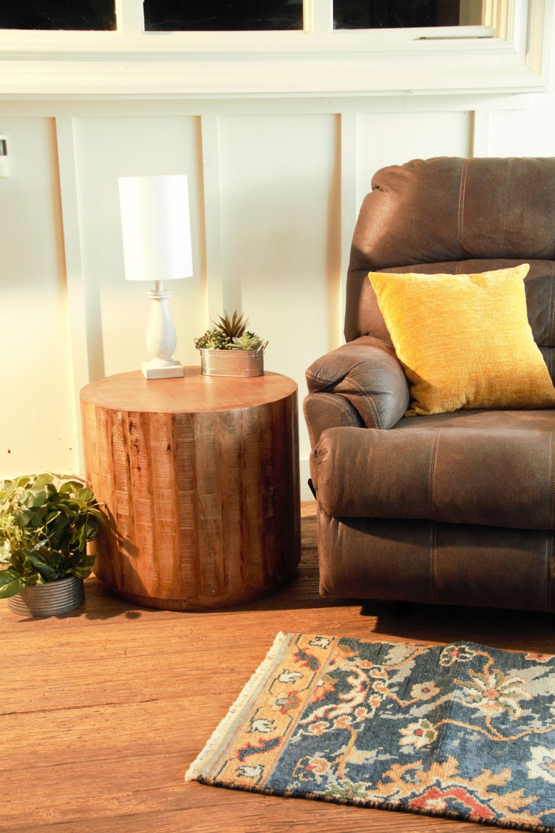 HomeRoots Updated Rustic Round Stump End Table With Antiqued Beige Finish