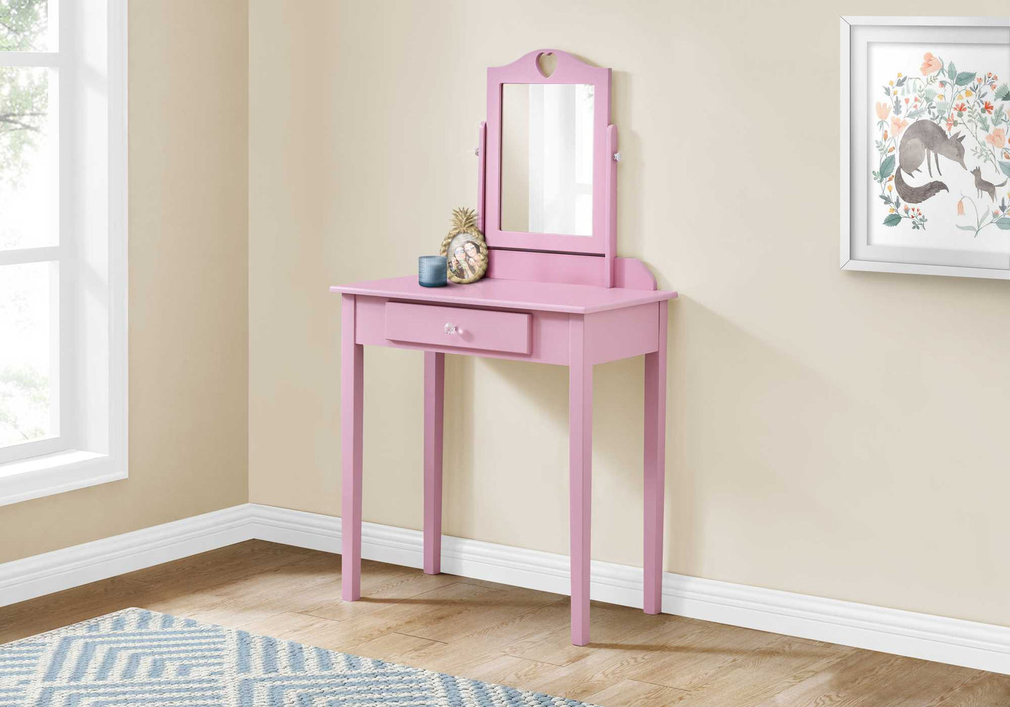 HomeRoots Vanity Mirror and Storage Drawer in Pink Finish