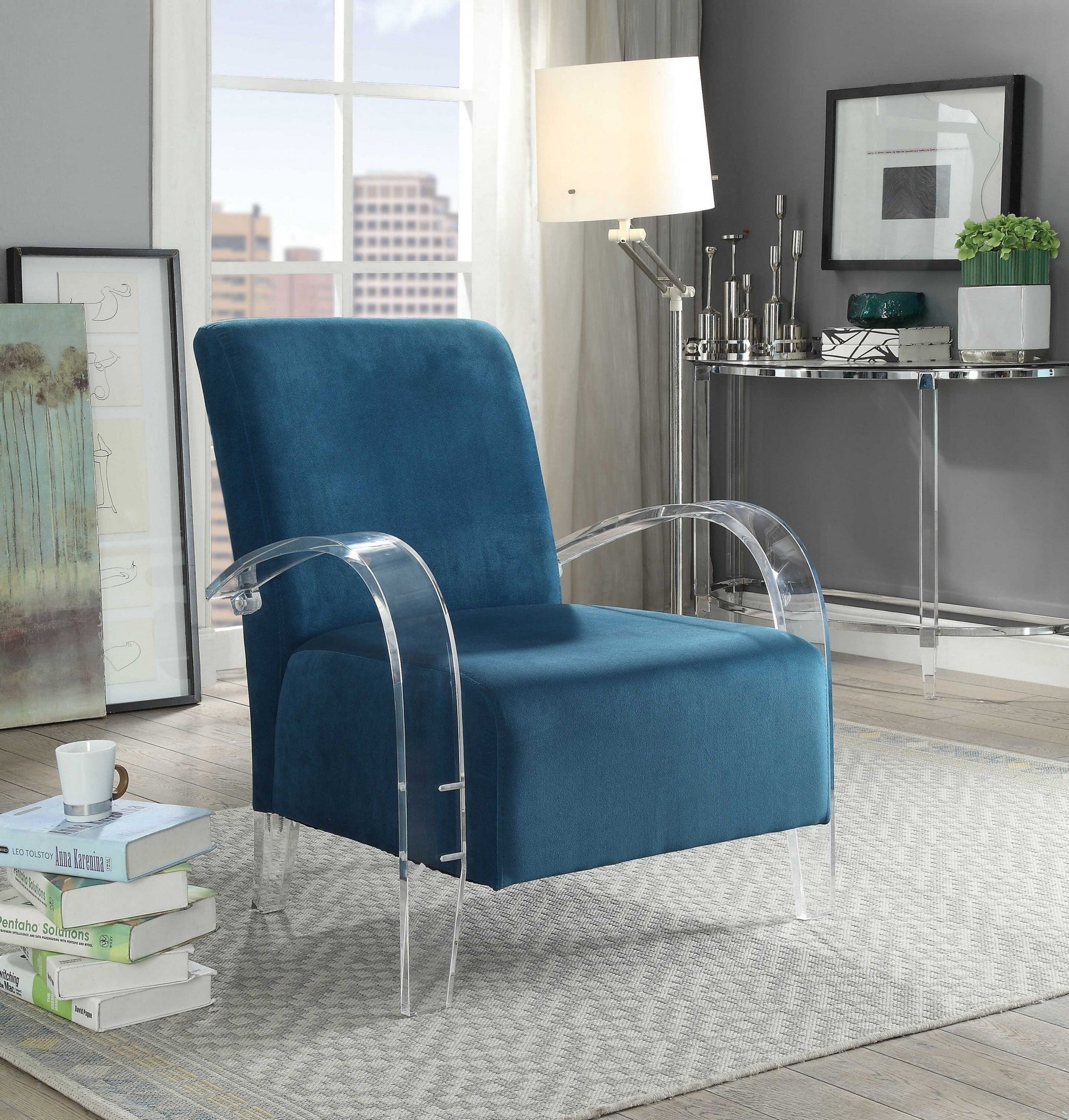 HomeRoots Velvet Accent Chair With Clear Arm in Teal Finish