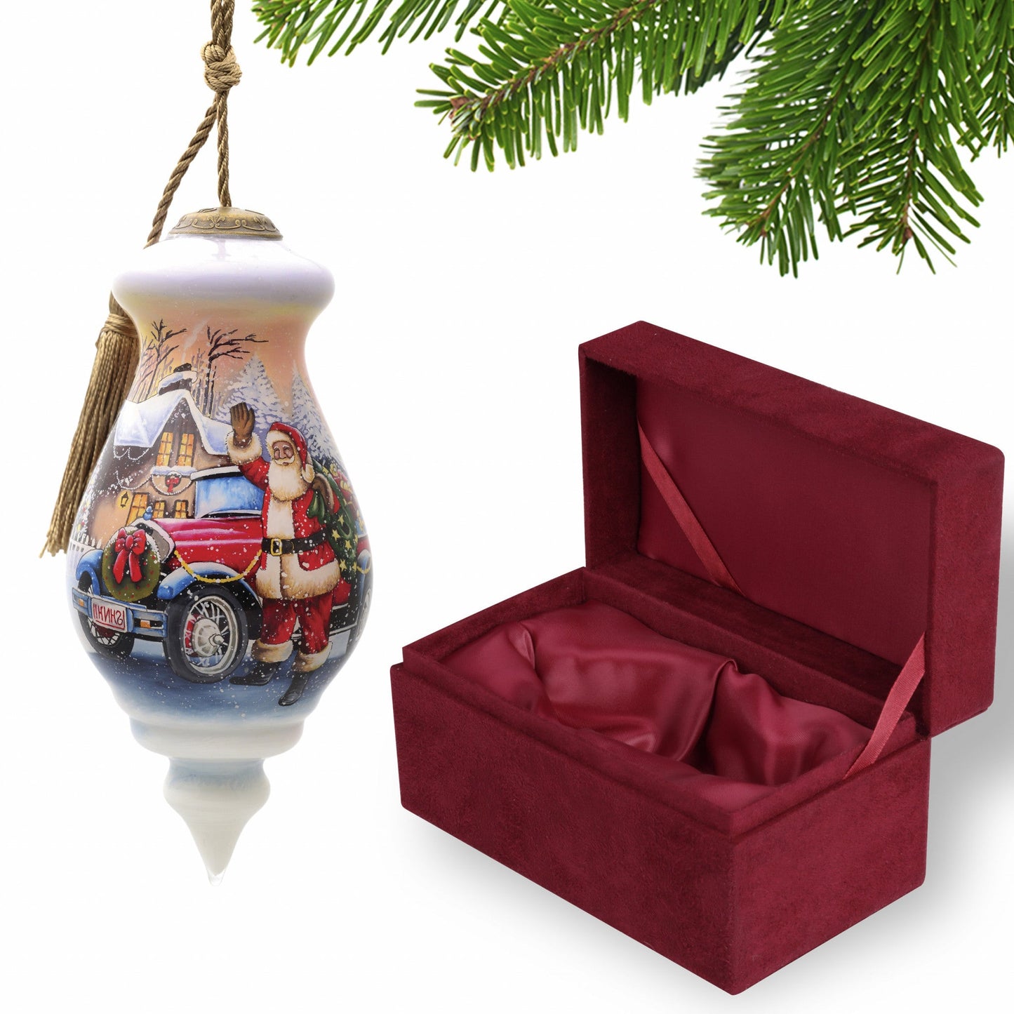 HomeRoots Vintage Car and Santa Waving Hand Painted Mouth Blown Glass Ornament