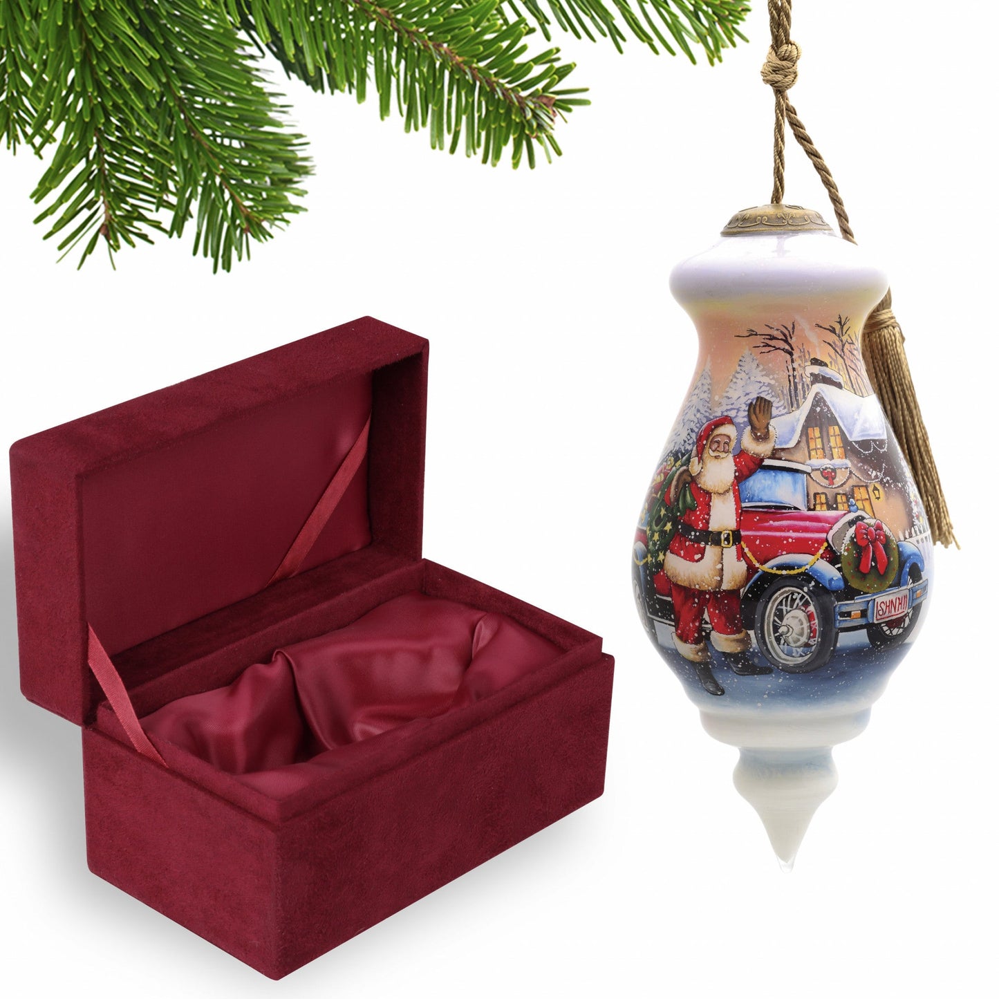 HomeRoots Vintage Car and Santa Waving Hand Painted Mouth Blown Glass Ornament