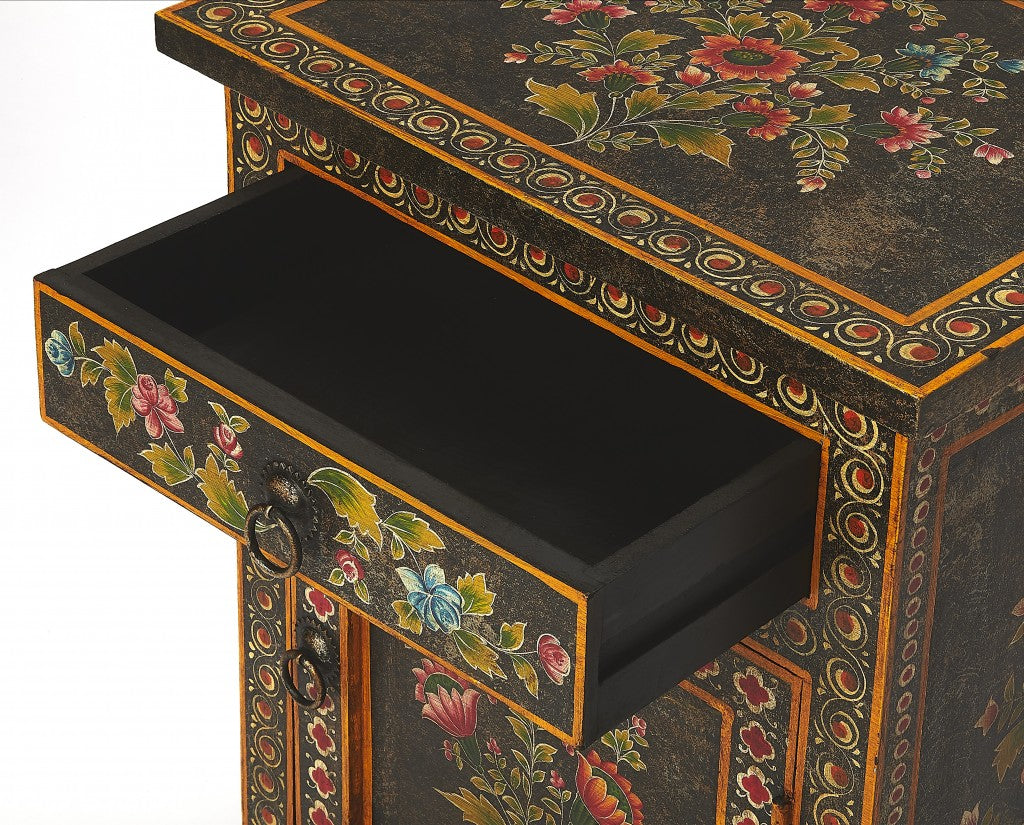 HomeRoots Vintage Hand Painted One Drawer Accent Chest With Black and Gold Finish