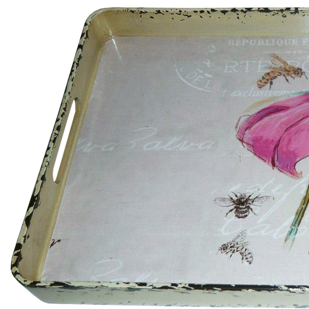 HomeRoots Vintage Style Metal Serving Tray With Pretty Pink Flower