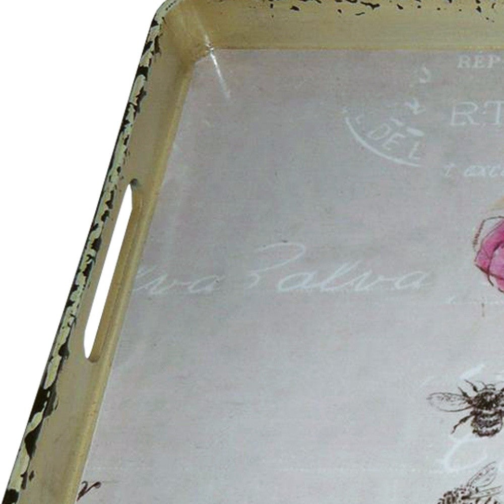 HomeRoots Vintage Style Metal Serving Tray With Pretty Pink Flower