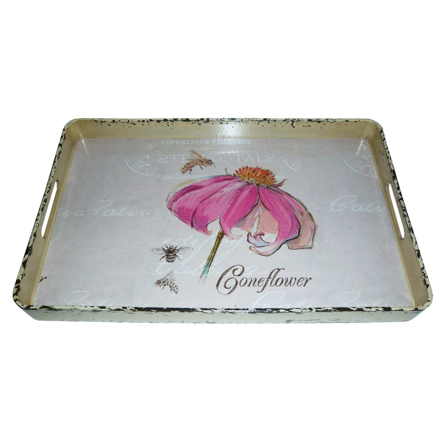 HomeRoots Vintage Style Metal Serving Tray With Pretty Pink Flower