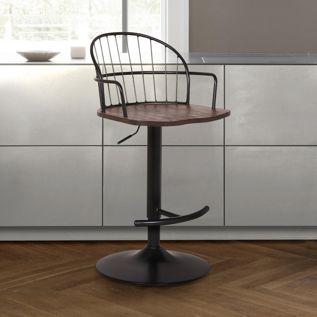 HomeRoots Walnut Wood and Metal Adjustable Curve Back Bar Stool