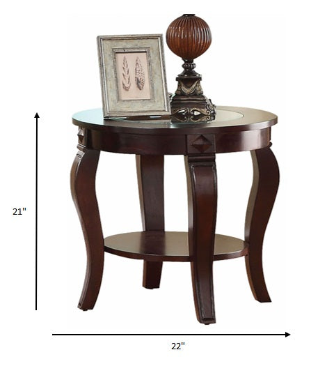 HomeRoots Walnut Wooden Curved Leg End Table With Glass Top