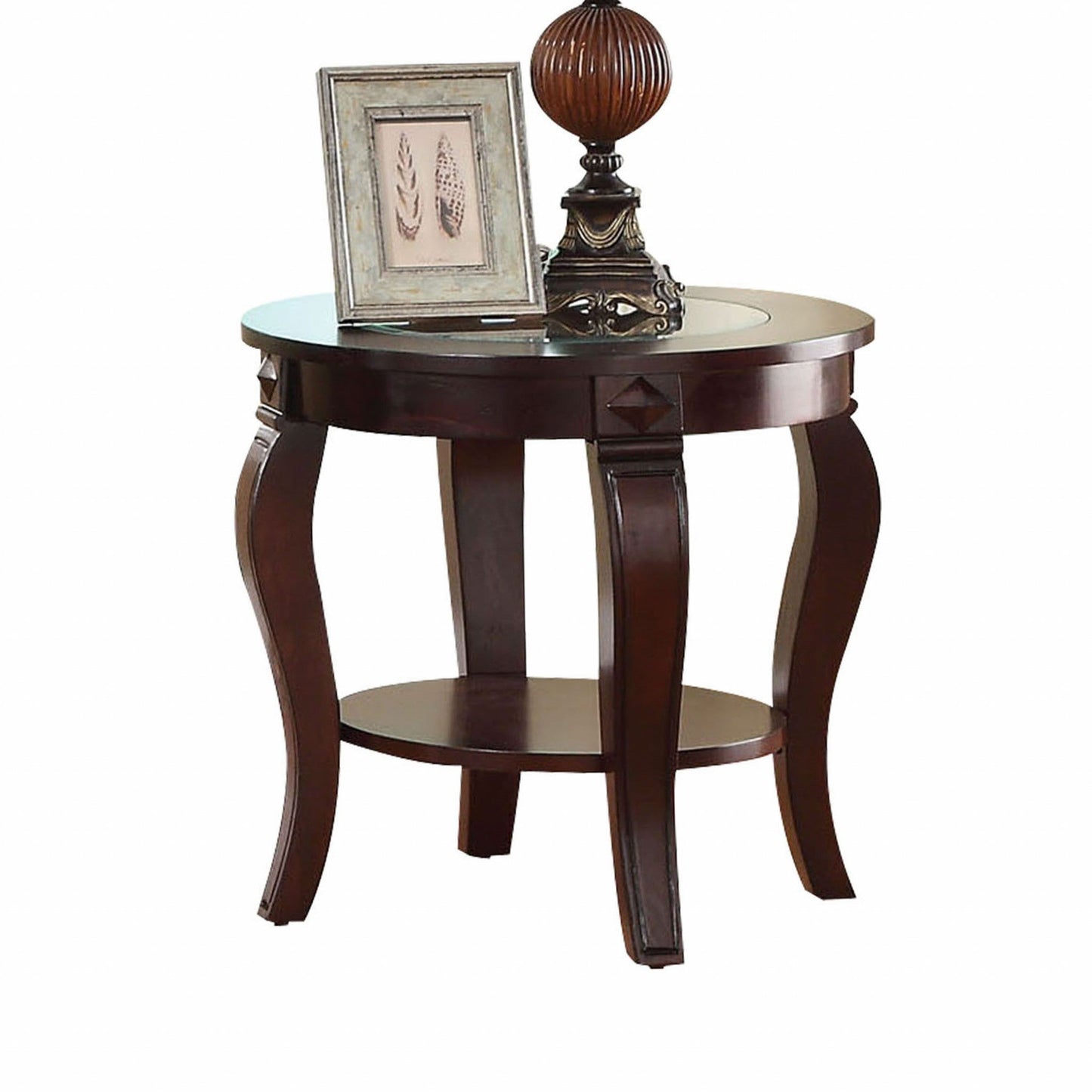 HomeRoots Walnut Wooden Curved Leg End Table With Glass Top